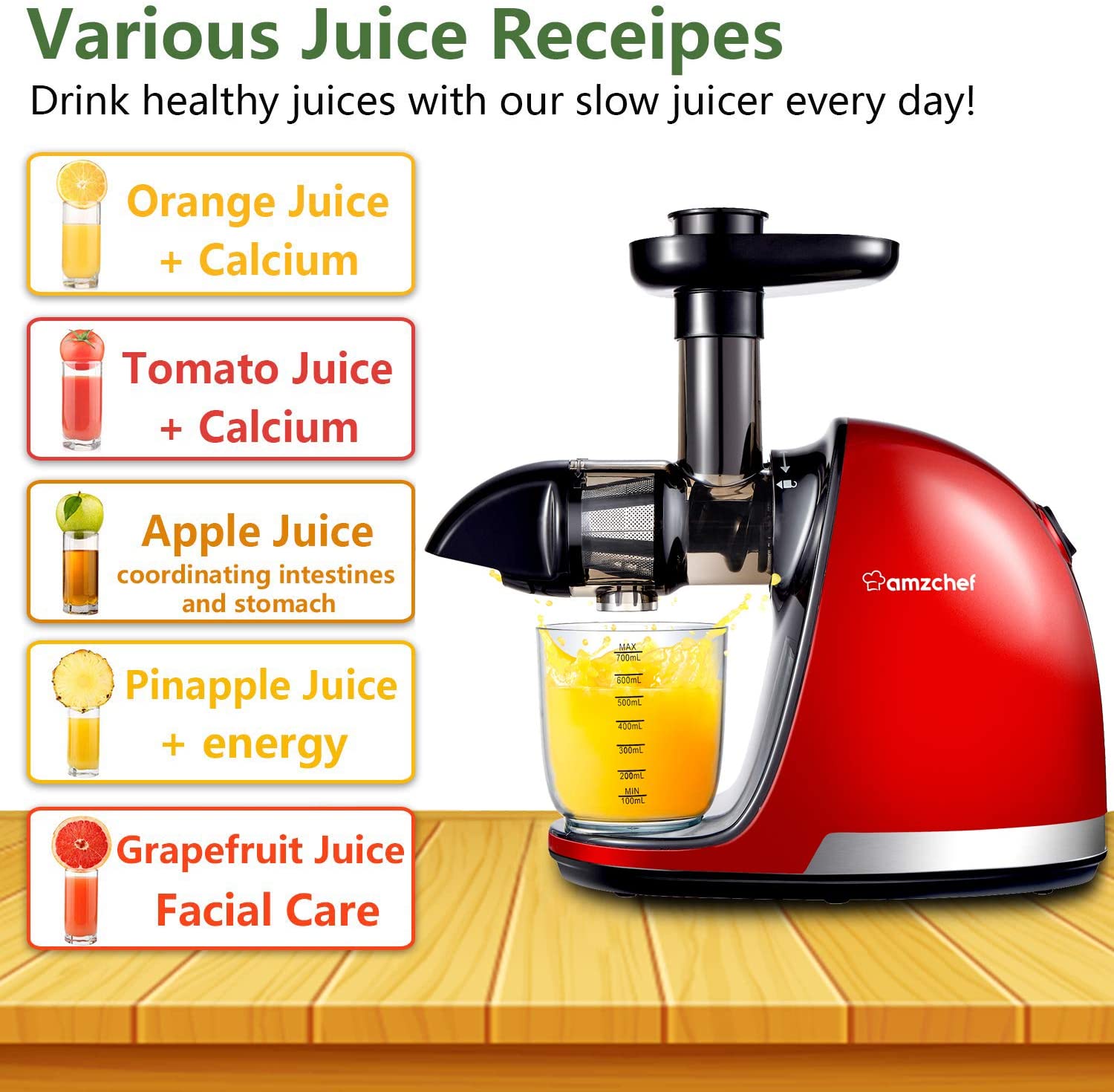 Slow Juicer Extractor, AMZCHEF Slow Masticating Juicer Machines with Quiet Motor, Juice Extractor with Reverse Function, Cold Press Juicer Easy to Clean with Brush for High Nutrient Fruit & Vegetable Juice