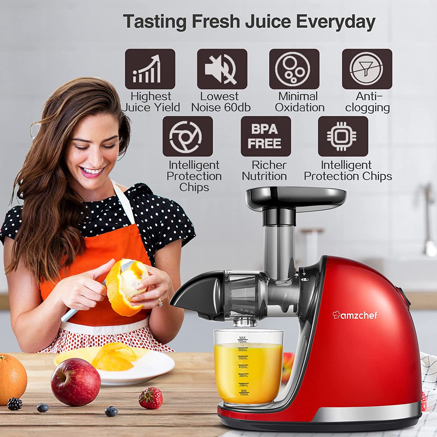 Slow Juicer Extractor, AMZCHEF Slow Masticating Juicer Machines with Quiet Motor, Juice Extractor with Reverse Function, Cold Press Juicer Easy to Clean with Brush for High Nutrient Fruit & Vegetable Juice