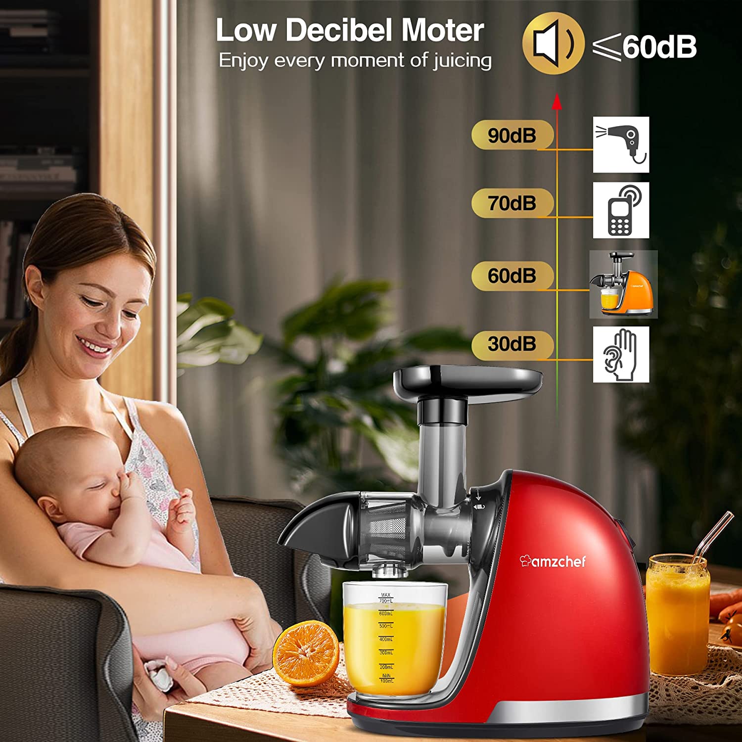 Slow Juicer Extractor, AMZCHEF Slow Masticating Juicer Machines with Quiet Motor, Juice Extractor with Reverse Function, Cold Press Juicer Easy to Clean with Brush for High Nutrient Fruit & Vegetable Juice