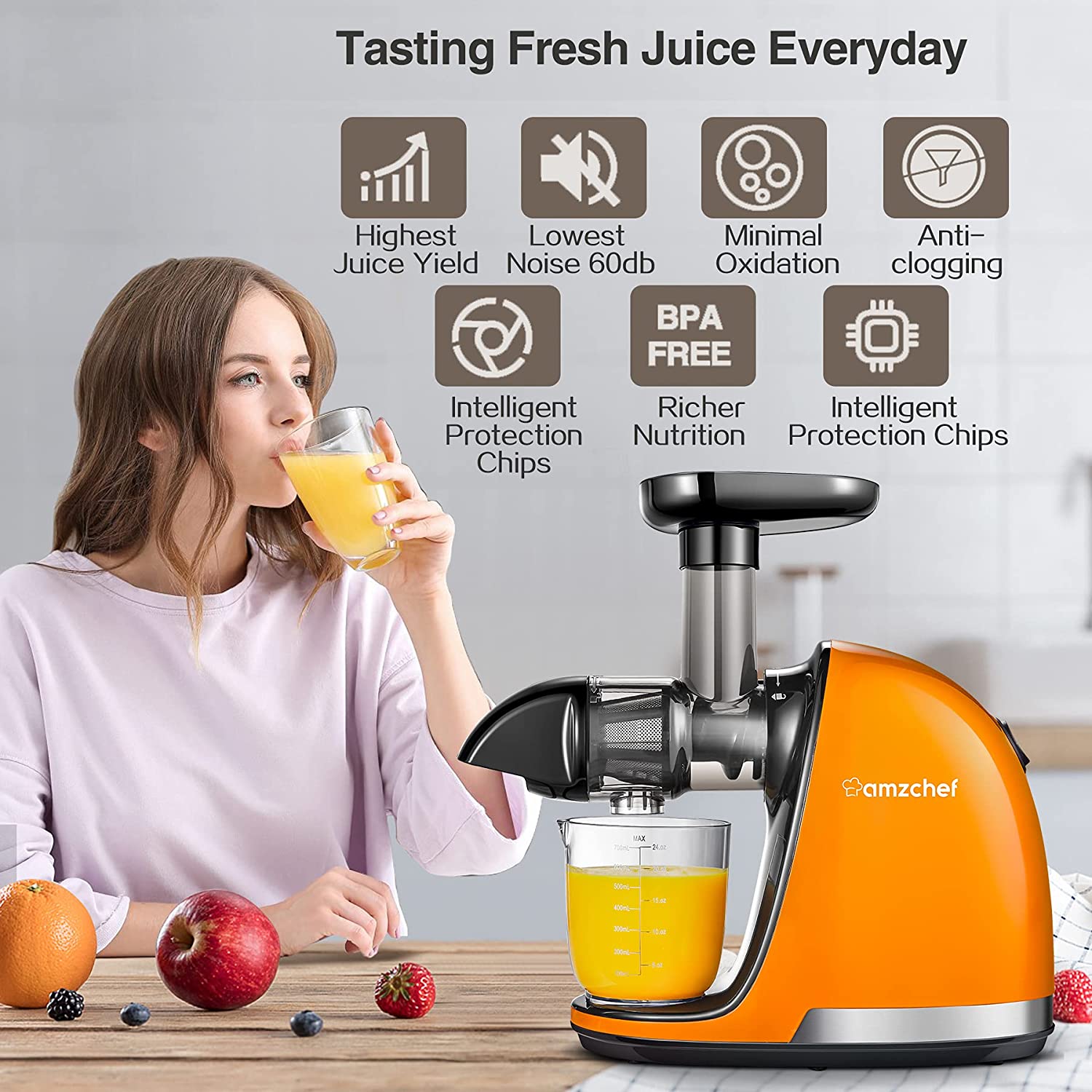 AMZCHEF Slow Juicer Masticating Juicer Machine ZM1501 Orange