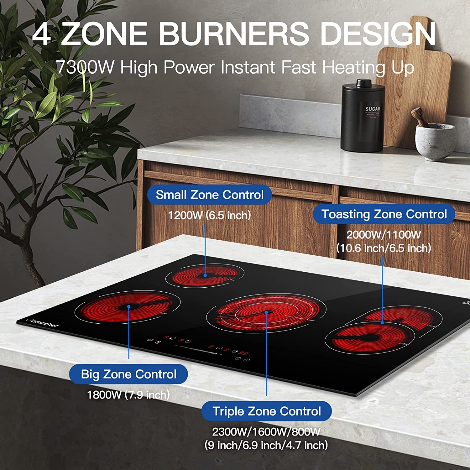 AMZCHEF Built-in Induction Stove with 5 Burners Triple and Toasting Zone