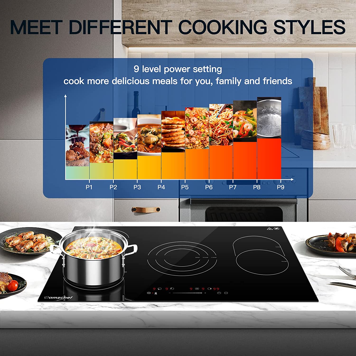  Electric Induction Cooktop,AMZCHEF 12 Built-in Electric  Stovetop with 10 Power Levels, 3300W,Child lock, Timer, Touch Control, 2  Burner Induction Hob For Fast Cooking, 240V : Appliances